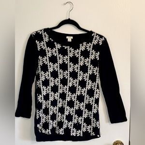 J. Crew Navy with White Embroidery 3/4 Sleeve Shirt Size Small